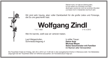 Traueranzeige von Wolfgang Zindl von Pegnitz-Zeitung
